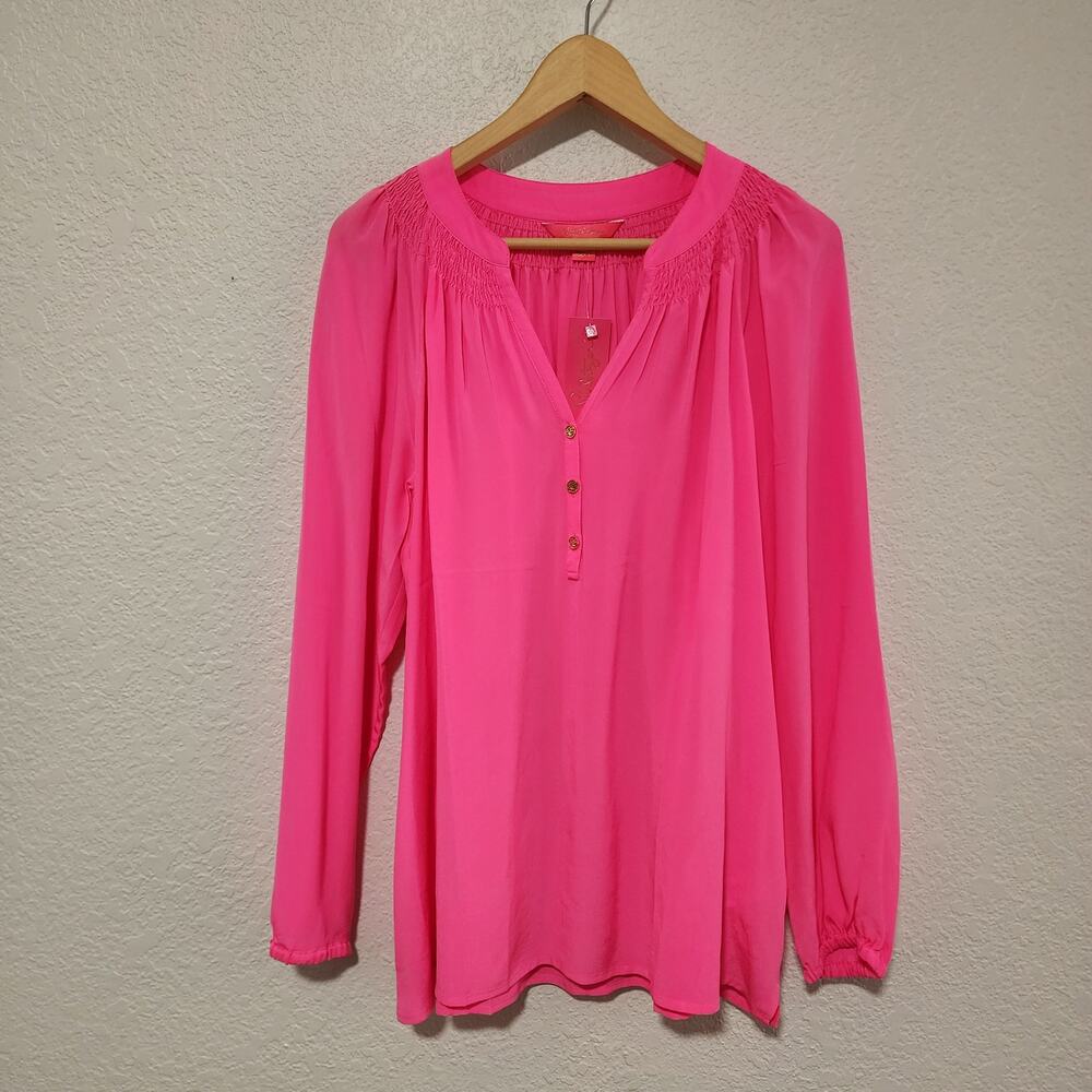 Lilly Pulitzer Pink Fuchsia Elsa 100% Silk Top Relaxed Large NWT BarbieCore